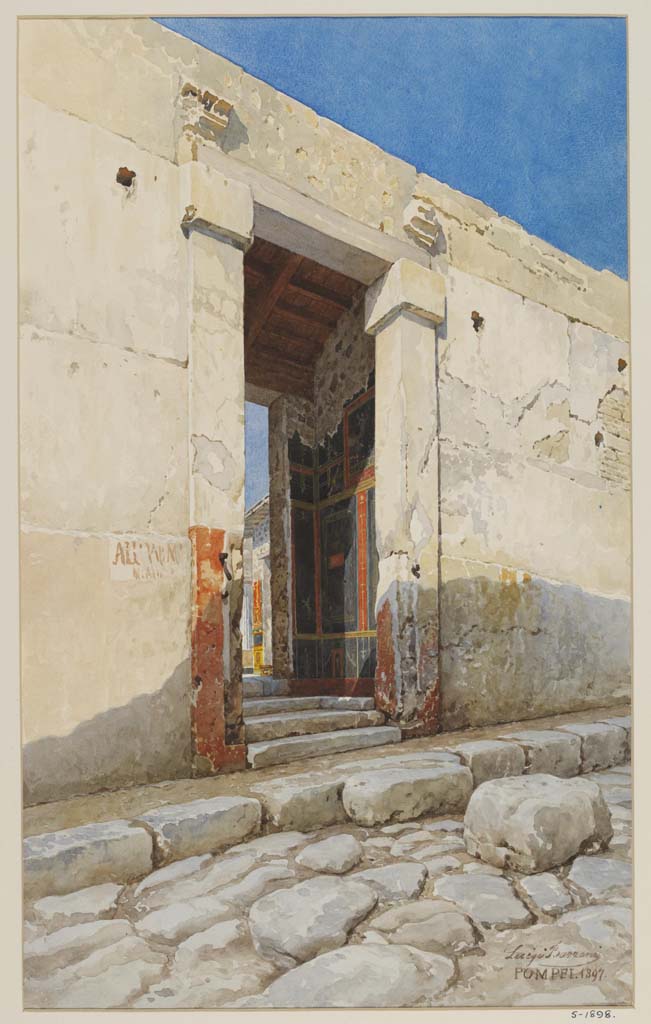 VI.15.1 Pompeii. 1897. Watercolour by Luigi Bazzani, looking towards entrance doorway.
Photo © Victoria and Albert Museum. Inventory number 5-1898.