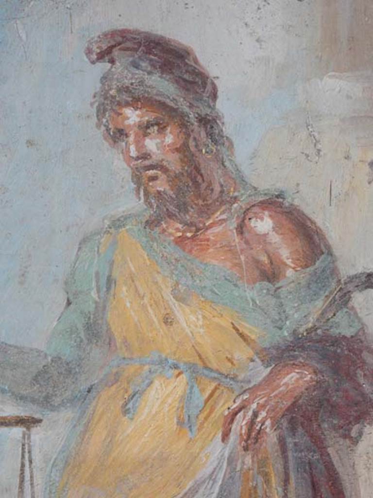 VI.15.1 Pompeii. May 2017. Detail of bearded Priapus, in vestibule. Photo courtesy of Buzz Ferebee.