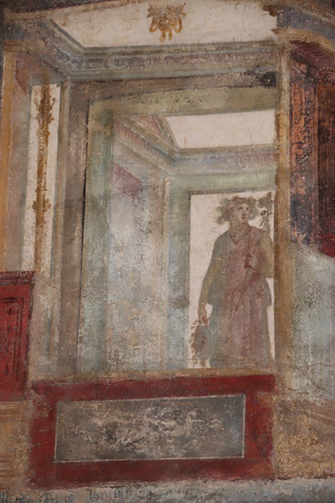 VI.15.1 Pompeii. October 2023. 
Upper east wall of exedra, detail from north end. Photo courtesy of Klaus Heese.
