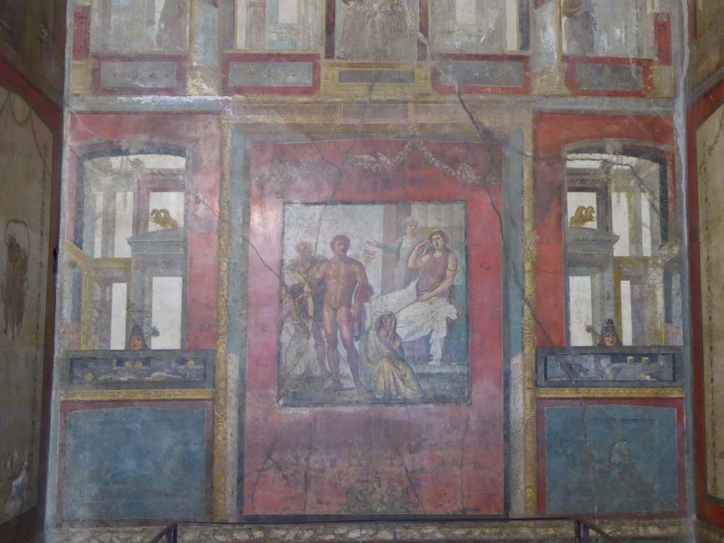 VI.15.1 Pompeii. January 2017. Looking towards the east wall, on either side of the central panel were painted panels.
On the left (north side) painted food was shown, with mask above.
On the right (south side) painted drinks were shown, with mask above.  
Foto Annette Haug, ERC Grant 681269 DÉCOR.
