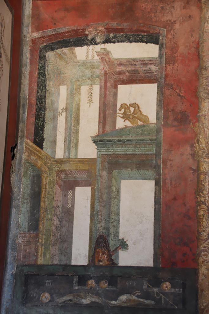 VI.15.1 Pompeii. October 2023. 
East wall at north end in exedra, painted panel with food. Photo courtesy of Klaus Heese.
