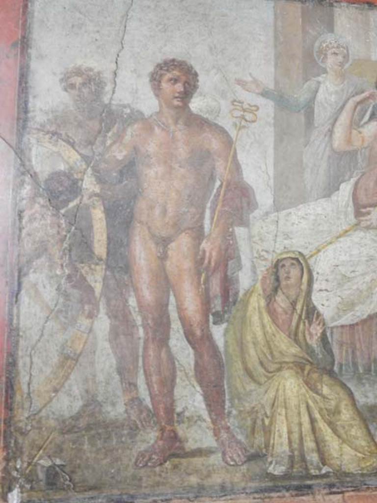 VI.15.1 Pompeii. May 2017. Detail of Mercury with his caduceus from central panel on north wall
Photo courtesy of Buzz Ferebee.
