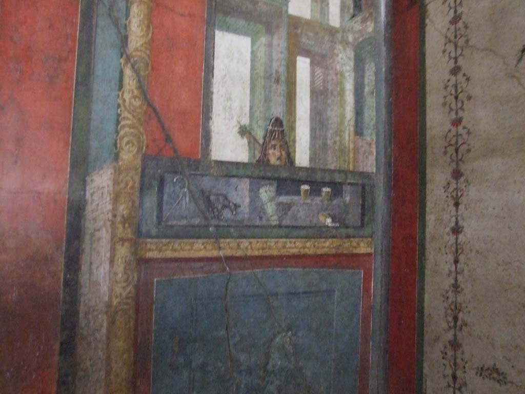 VI.15.1 Pompeii. December 2006. East wall of exedra, in south-east corner, with wall painting of drinks with mask above.