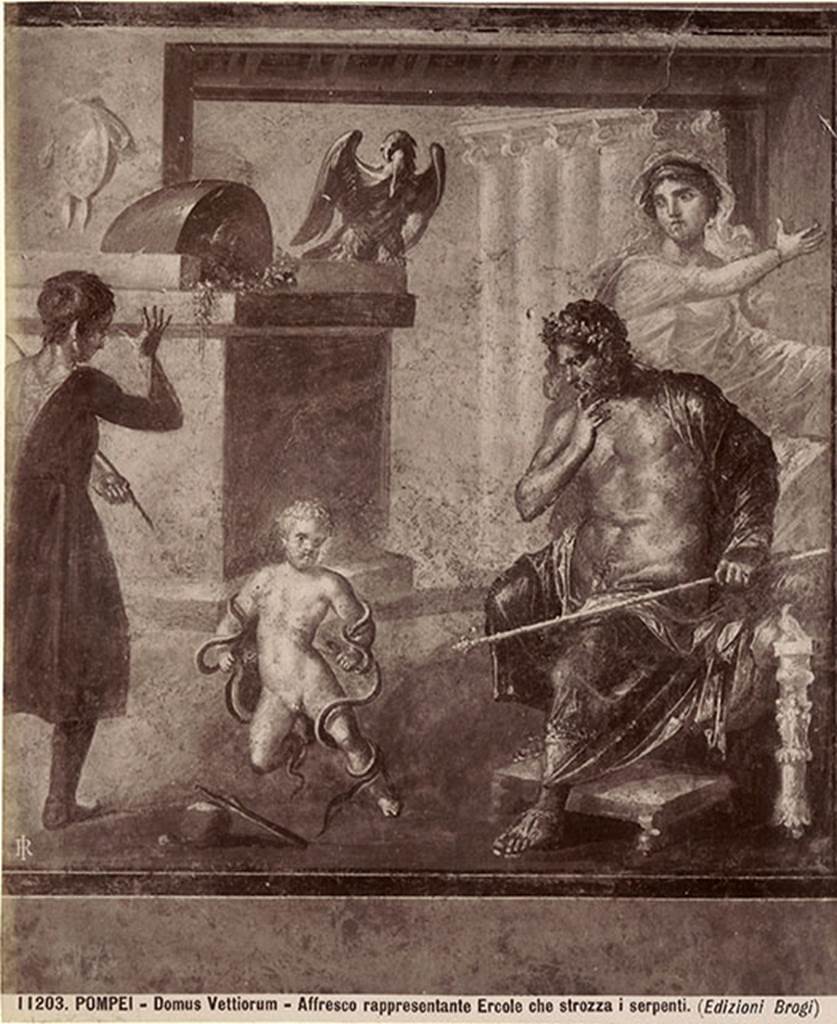 VI.15.1 Pompeii. Albumen photo 11203 by G. Brogi, c.1890s. Wall painting of Hercules strangling the serpents from north wall of exedra. Photo courtesy of Rick Bauer.