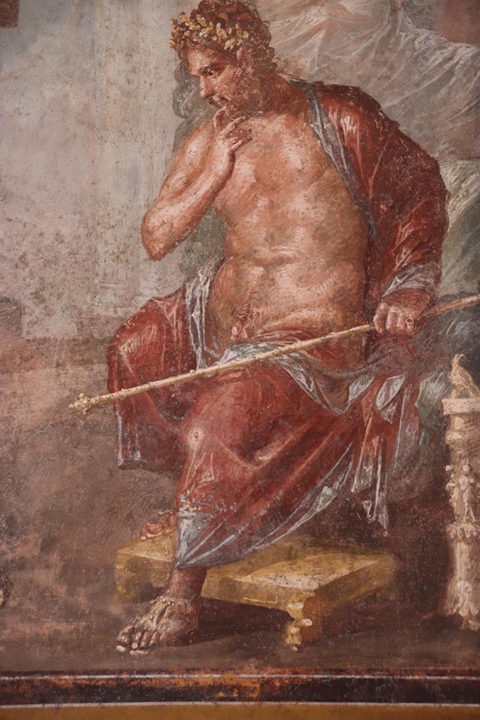 VI.15.1 Pompeii. October 2024.
North wall of exedra, detail of Amphitryon, husband of Alcmene. Photo courtesy of Klaus Heese.