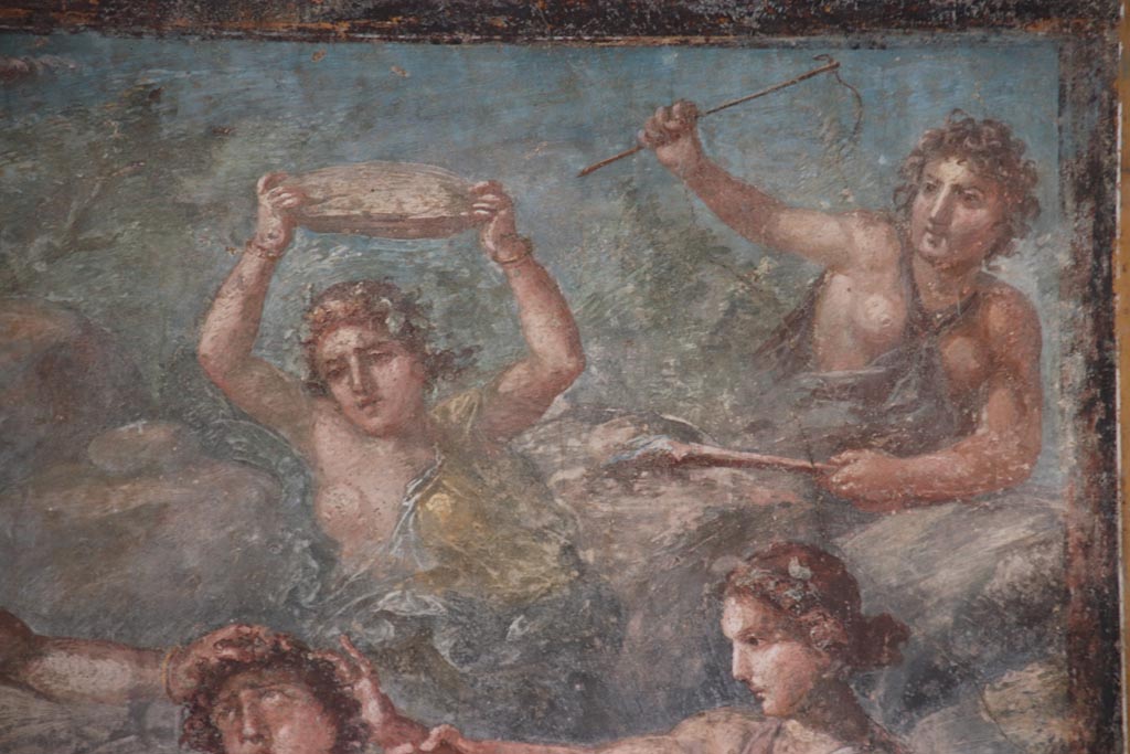 VI.15.1 Pompeii. October 2023.
Detail from upper right of painting of the death of Pentheus, from east wall of exedra. Photo courtesy of Klaus Heese.