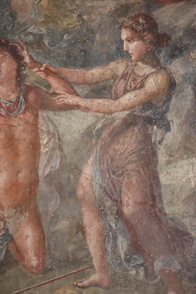 VI.15.1 Pompeii. October 2023. Lower right.
Detail from lower right of painting of the death of Pentheus, from east wall of exedra.
Photo courtesy of Klaus Heese.