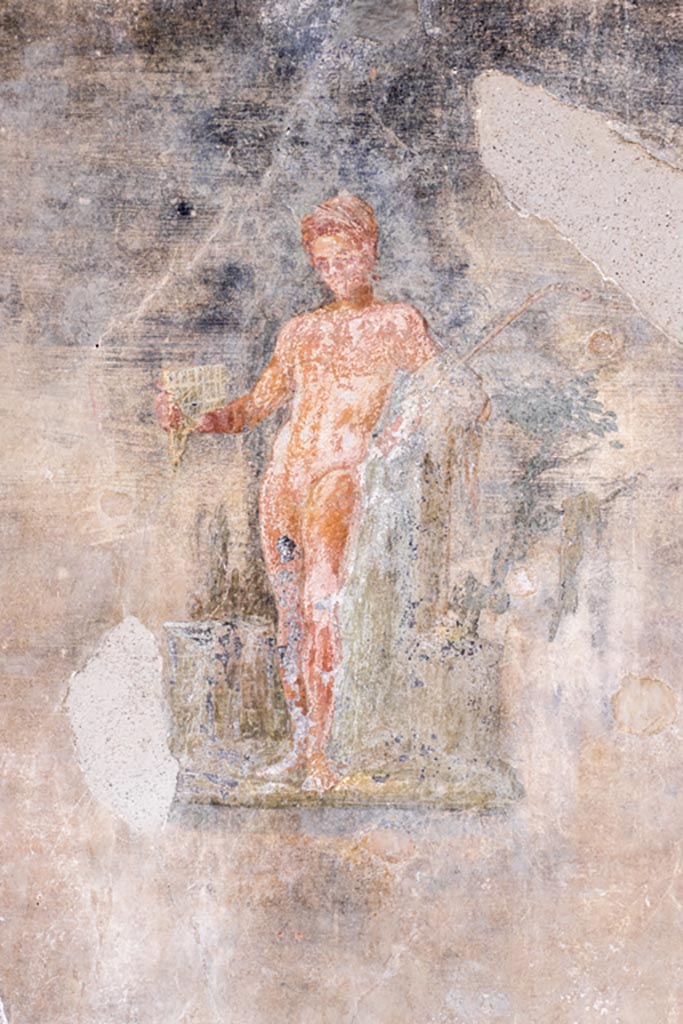 VI.15.1 Pompeii. March 2023.
Painting of figure from west wall of peristyle. Photo courtesy of Johannes Eber.