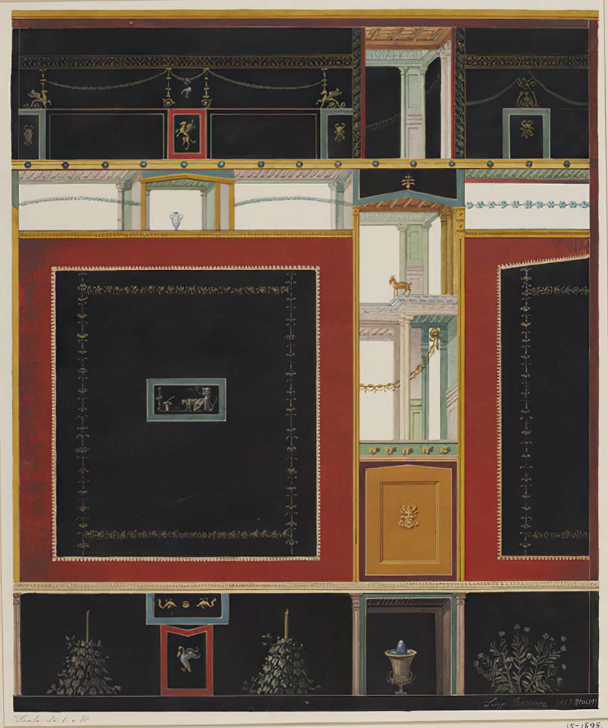 VI.15.1 Pompeii. 1895. Watercolour by Luigi Bazzani. Looking towards west wall of peristyle, in north-west corner.
Photo © Victoria and Albert Museum. Inventory number 15-1898.