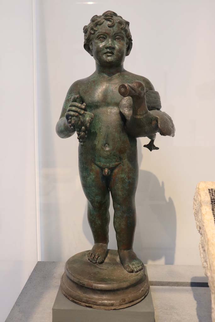 VI.15.1 Pompeii. February 2021.
Bronze statuette of young boy holding a goose, on display in Antiquarium.
Photo courtesy of Fabien Bièvre-Perrin (CC BY-NC-SA).