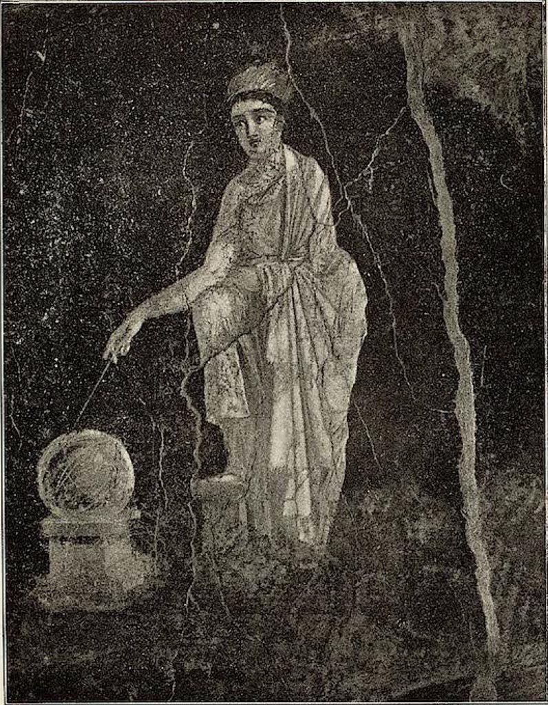 VI.15.1 Pompeii. c.1898. Painted panel on black background of Urania pointing with a stick to the globe resting on a square base.
See Sogliano, A. La Casa dei Vettii in Pompei Mon. Ant 1898, (p.277/278, fig. 17).