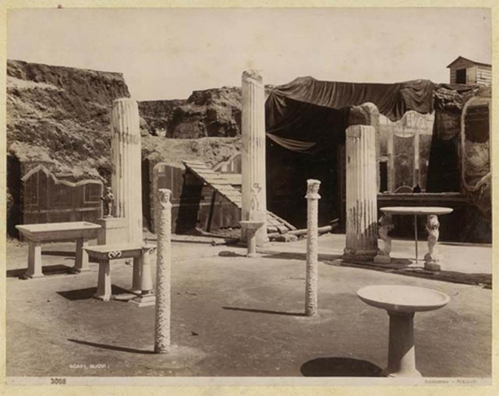 VI.15.1 Pompeii. Photo by G Sommer no. 3008, possibly 1894-95 during excavations.
Looking north-east across peristyle garden showing ornaments in place. Photo courtesy of Rick Bauer.