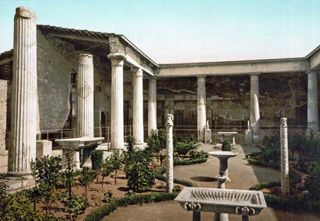 VI.15.1 Pompeii. Old postcard c.1900. Peristyle garden looking towards south-east corner.
The two marble herms can be seen in the foreground.
