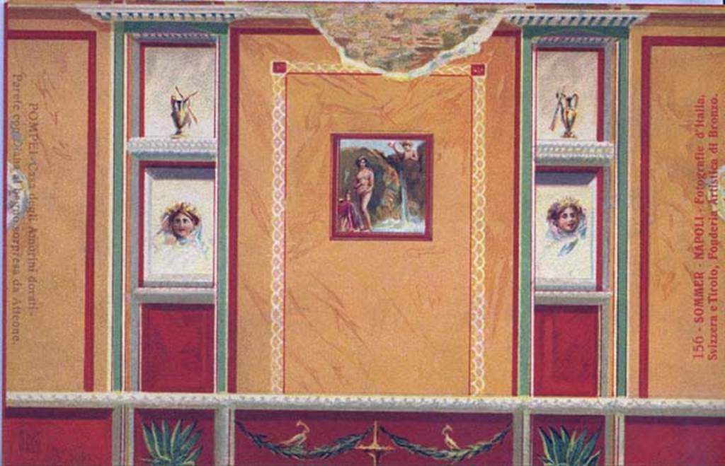 VI.16.7 Pompeii. Early 20th century postcard by Sommer no. 156. Painting of south wall of room R. Photo courtesy of Rick Bauer.