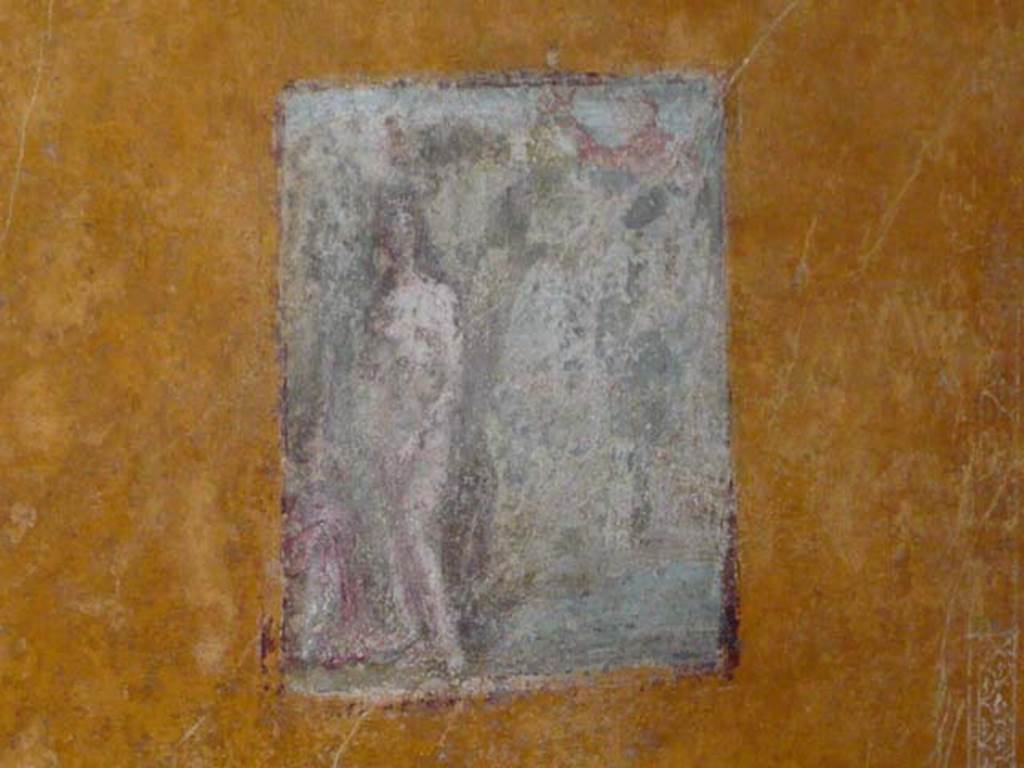 VI.16.7 Pompeii. June 2013.
Room R, central wall painting of Diana and Actaeon on the south wall, after restoration.
Photo courtesy of Buzz Ferebee.