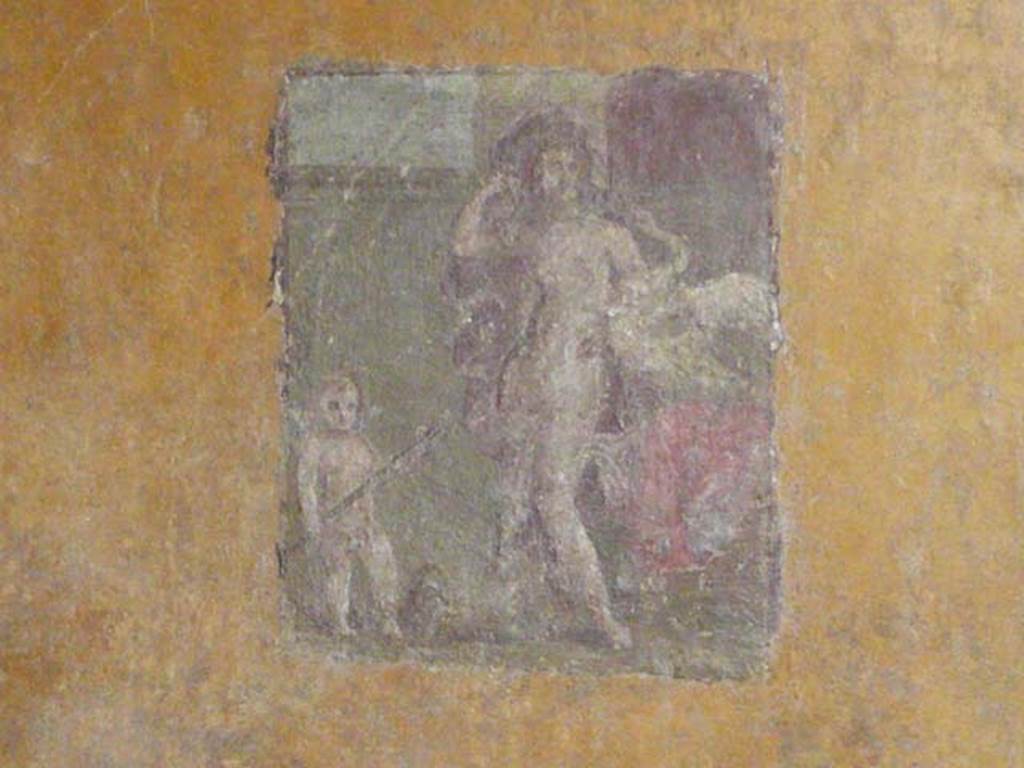 VI.16.7 Pompeii. June 2013.
Room R, central wall painting of Leda and the swan on the west wall, after restoration.
Photo courtesy of Buzz Ferebee.
