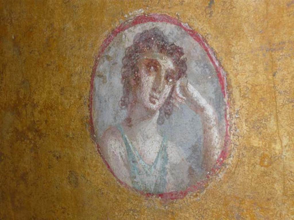 VI.16.7 Pompeii. June 2013.
Room R, painted medallion on north end of east wall, after restoration.
Photo courtesy of Buzz Ferebee.
