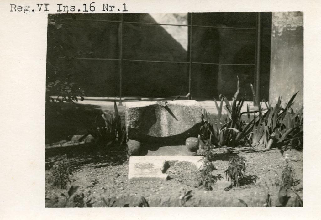 VI.16.7 Pompeii, but shown as VI.16.1 on photo. Pre-1937-39.
Looking towards sundial in peristyle garden near north portico.
Photo courtesy of American Academy in Rome, Photographic Archive. Warsher collection no. 498.
According to Powers (ed) –
“This sundial was found in 1904 and was made from marble and bronze.
The bronze gnomon cast a shadow on the instrument’s concave upper surface, which is marked with radiating lines to indicate the hours of the day. Vine tendrils in relief decorate its sides, and the lost front corners probably took the form of a pair of feline paws.”
See Powers, J. (ed). 2023. Roman Landscapes, Visions of Nature and Myth from Roman Pompeii. USA,San Antonio Museum of Art, (p.129, no.27).