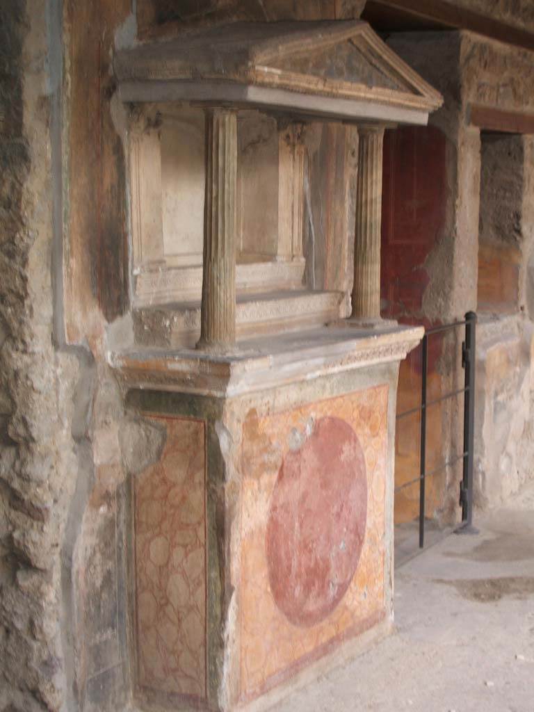 VI.16.7 Pompeii. May 2006. Room F, north portico. Lararium with aedicula over altar to household gods.
See Boyce G. K., 1937. Corpus of the Lararia of Pompeii. Rome: MAAR 14, pp. 57-8, no. 221 and pl.38, 2
See Giacobello, F., 2008. Larari Pompeiani: Iconografia e culto dei Lari in ambito domestico. Milano: LED Edizioni. (p.277).