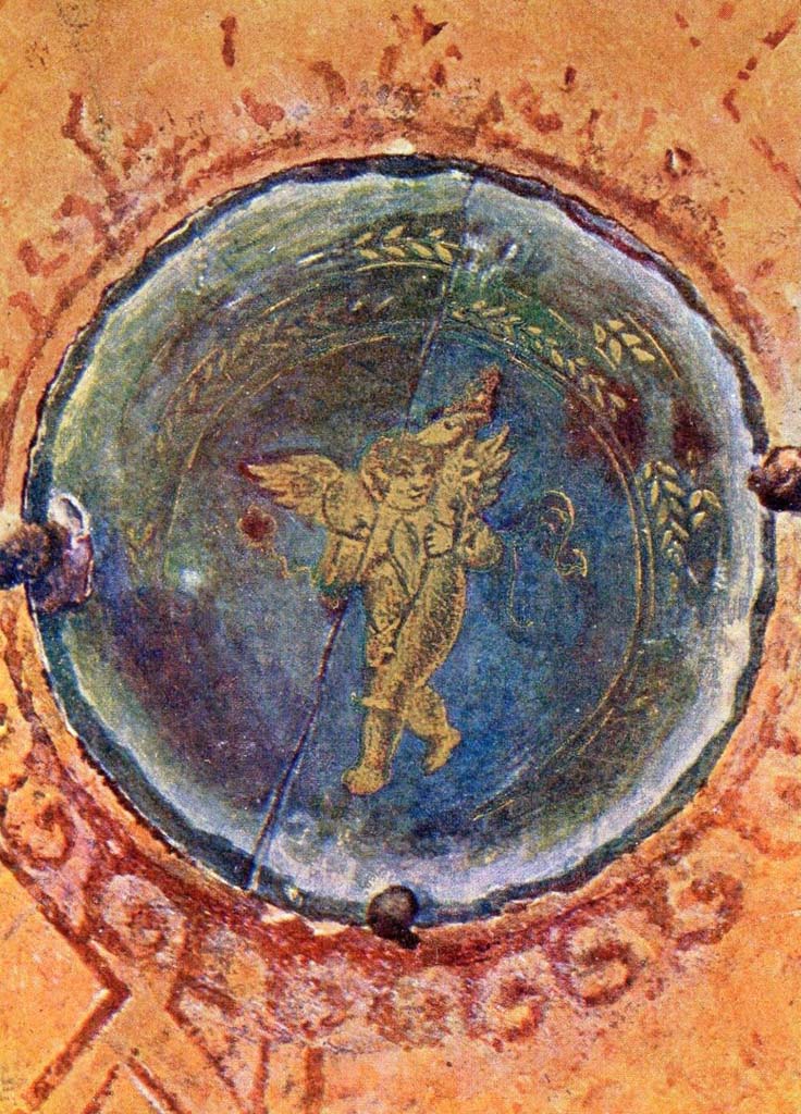 VI.16.7 Pompeii. From an undated rare vintage postcard.
Cubiculum I, glass medallion found on the east end (right side) of the north wall.
Photo courtesy of Davide Peluso.