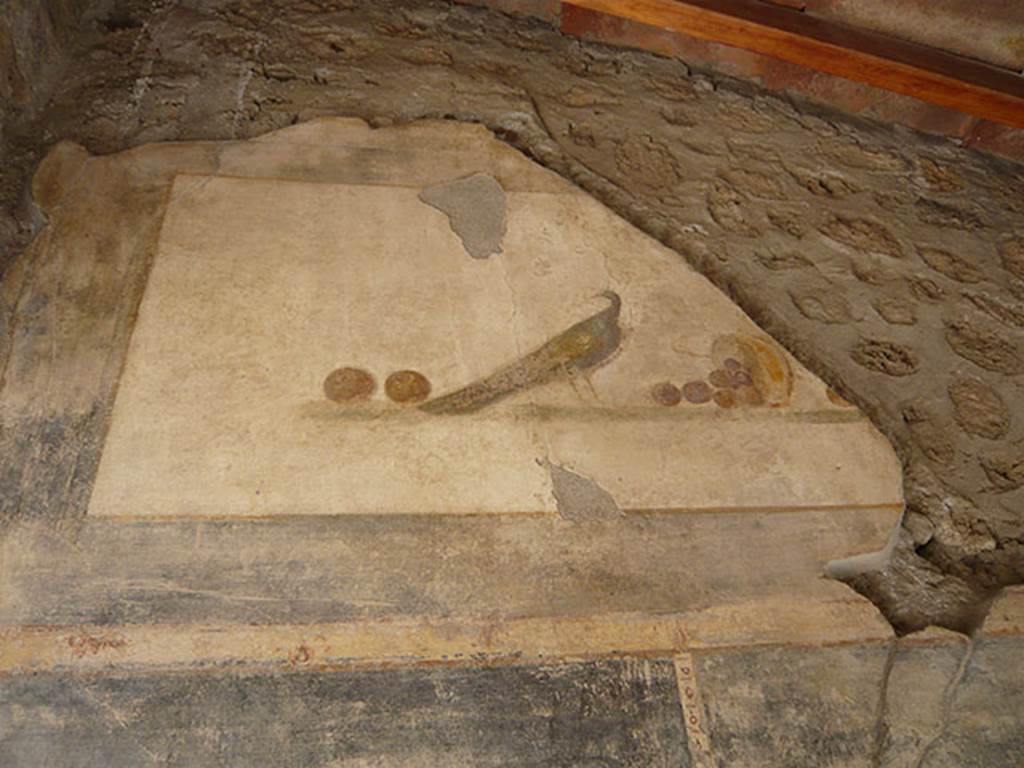 VI.16.7 Pompeii. June 2013. Entrance “A” upper north wall.
Painting of still life with peacock and fruit, after recent restoration.
Photo courtesy of Buzz Ferebee.
