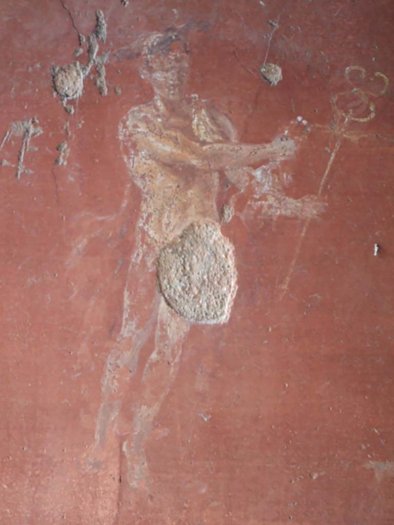 VI.16.7 Pompeii. May 2006.
Room D, painting of Mercury with winged ankles and caduceus on north wall.