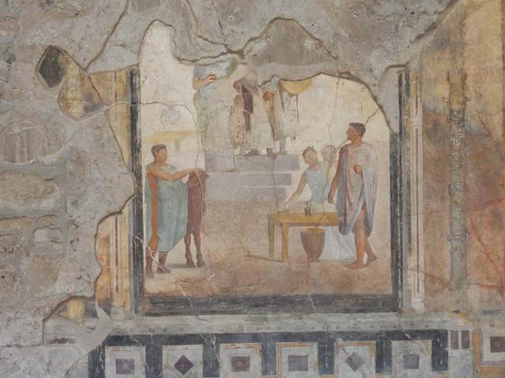 VI.16.7 Pompeii. May 2016. Room G, centre of east wall of oecus, after recent restoration. Wall painting of Jason, with one sandal only, stepping in front of Pelias.
Photo courtesy of Buzz Ferebee.