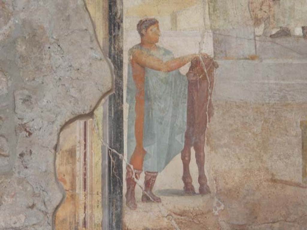 VI.16.7 Pompeii. May 2016. Room G, east wall of oecus, detail from painting. Photo courtesy of Buzz Ferebee.