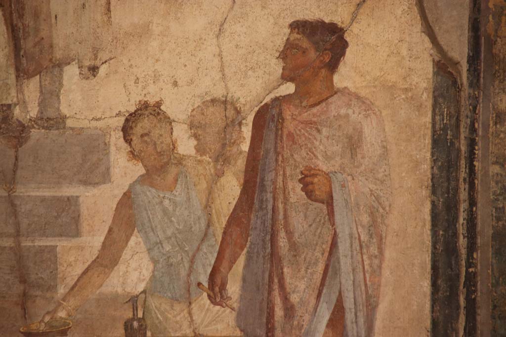 VI.16.7 Pompeii. September 2021.
Room G, east wall of oecus, detail from painting showing upper part of Jason. Photo courtesy of Klaus Heese.