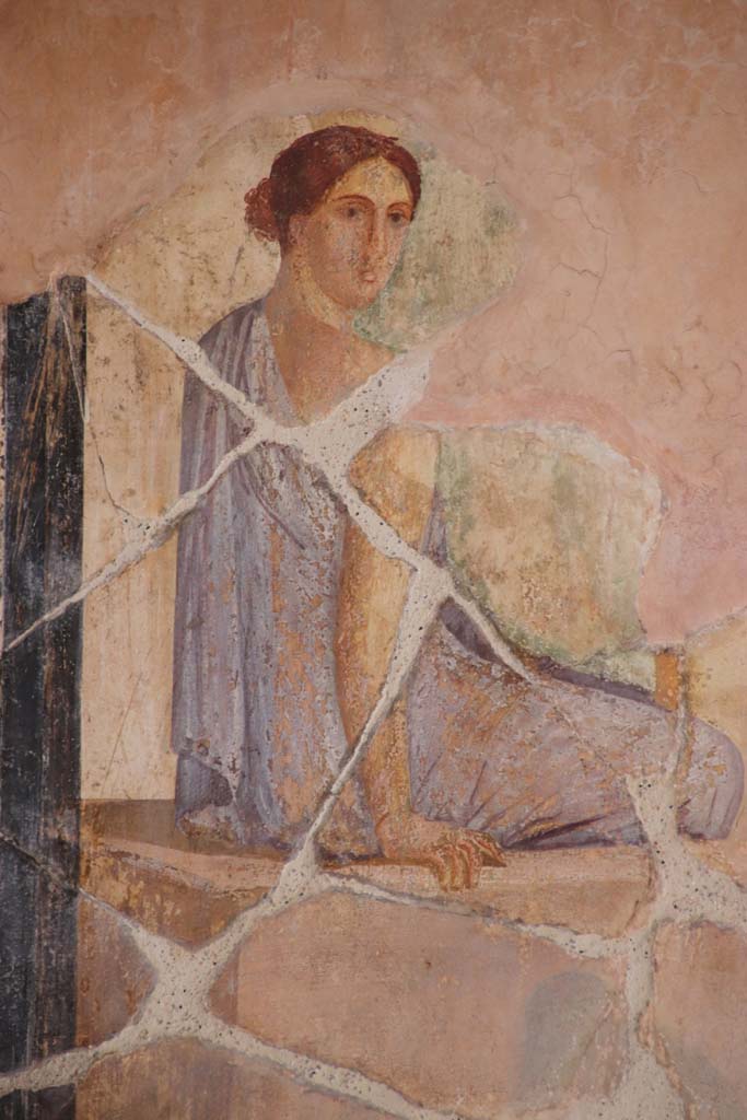 VI.16.7 Pompeii. September 2021.
Room G, detail from east side of wall painting of Briseis. Photo courtesy of Klaus Heese.