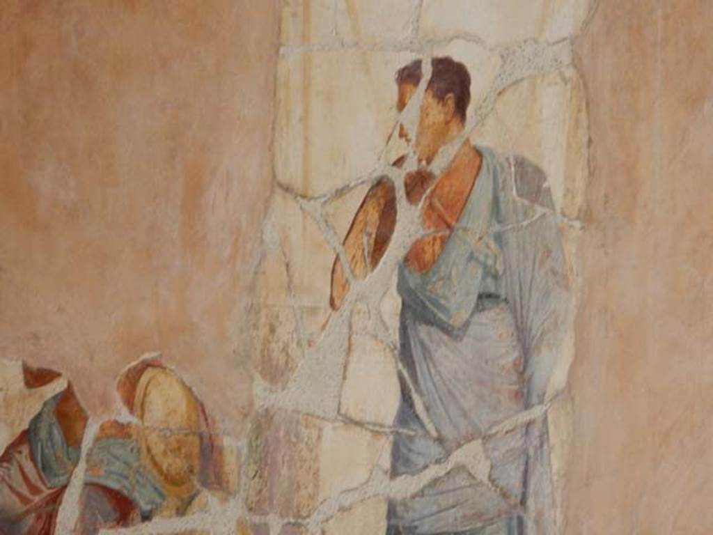 VI.16.7 Pompeii. May 2016. Room G, detail from western side of central wall painting on south wall of oecus. Photo courtesy of Buzz Ferebee.