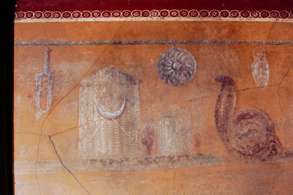 VI.16.7 Pompeii. 1968. Room F, painting of the attributes of Isis on the east wall of the peristyle. Photo by Stanley A. Jashemski.
Source: The Wilhelmina and Stanley A. Jashemski archive in the University of Maryland Library, Special Collections (See collection page) and made available under the Creative Commons Attribution-Non Commercial License v.4. See Licence and use details.
J68f0218