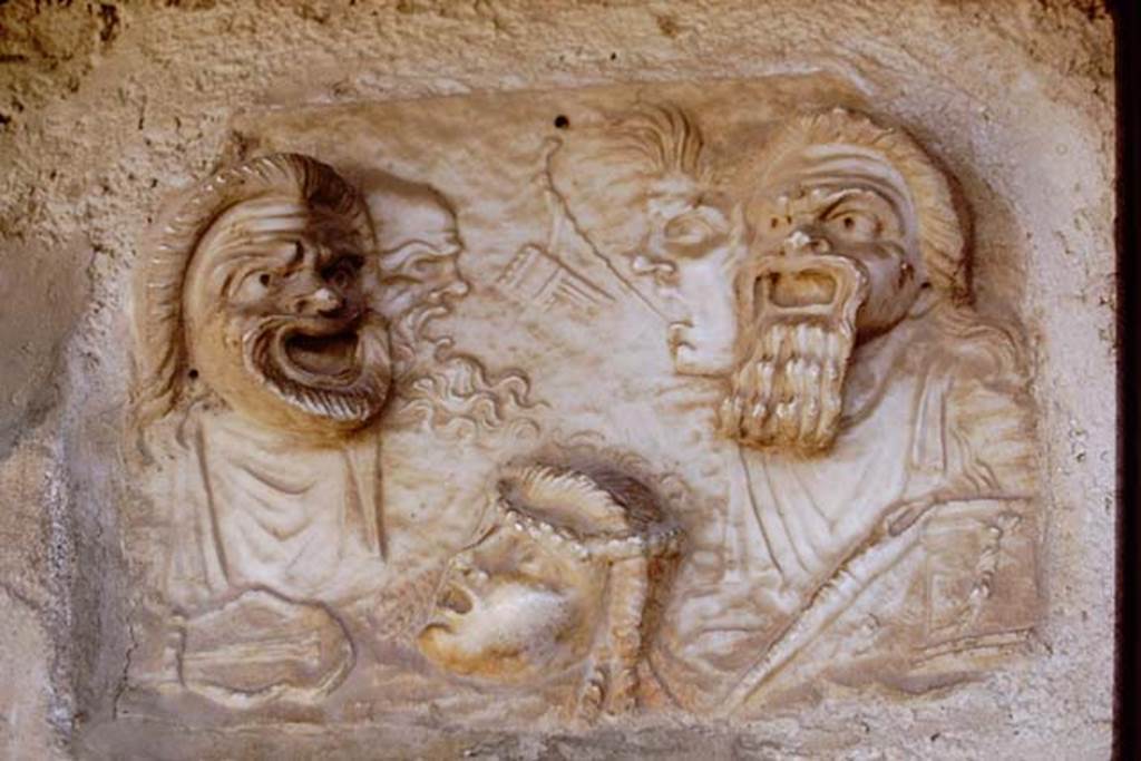 VI.16.7 Pompeii, 1968. Relief with masks, found embedded in the south wall. Photo by Stanley A. Jashemski.
Source: The Wilhelmina and Stanley A. Jashemski archive in the University of Maryland Library, Special Collections (See collection page) and made available under the Creative Commons Attribution-Non Commercial License v.4. See Licence and use details. J68f0071