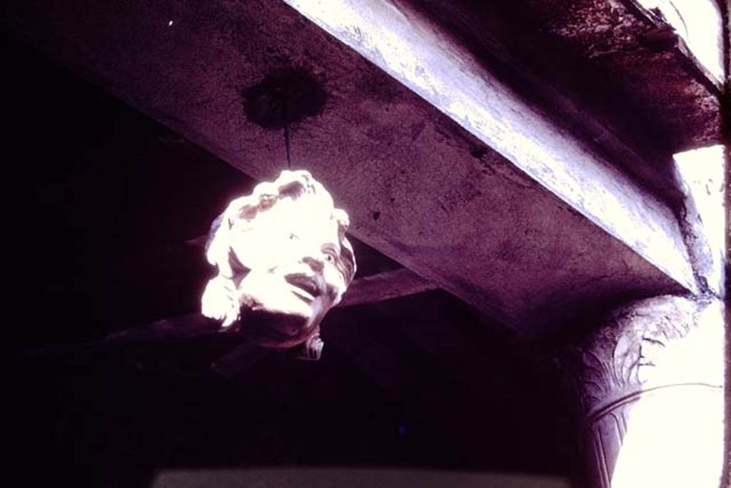 VI.16.7 Pompeii. 1977. Marble mask of satyr, hanging from north-west corner of peristyle. Photo by Stanley A. Jashemski.
Source: The Wilhelmina and Stanley A. Jashemski archive in the University of Maryland Library, Special Collections (See collection page) and made available under the Creative Commons Attribution-Non Commercial License v.4. See Licence and use details. J77f0564