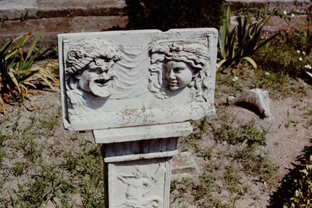 VI.16.7 Pompeii, 1968. Marble relief with masks on a pilaster in peristyle garden room F. Photo by Stanley A. Jashemski.
Source: The Wilhelmina and Stanley A. Jashemski archive in the University of Maryland Library, Special Collections (See collection page) and made available under the Creative Commons Attribution-Non Commercial License v.4. See Licence and use details. J68f0200