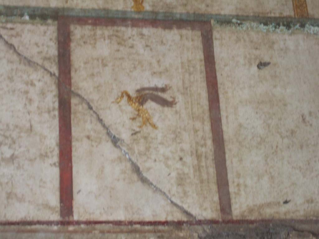 VI.16.7 Pompeii. May 2006. Room Q, painted decoration on upper north wall in north-west corner.