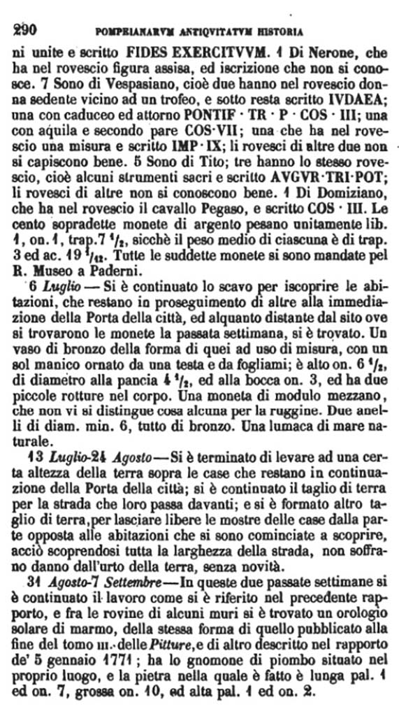 Copy of Pompeianarum Antiquitatum Historia 1, I, Page 290, June to September 1776.