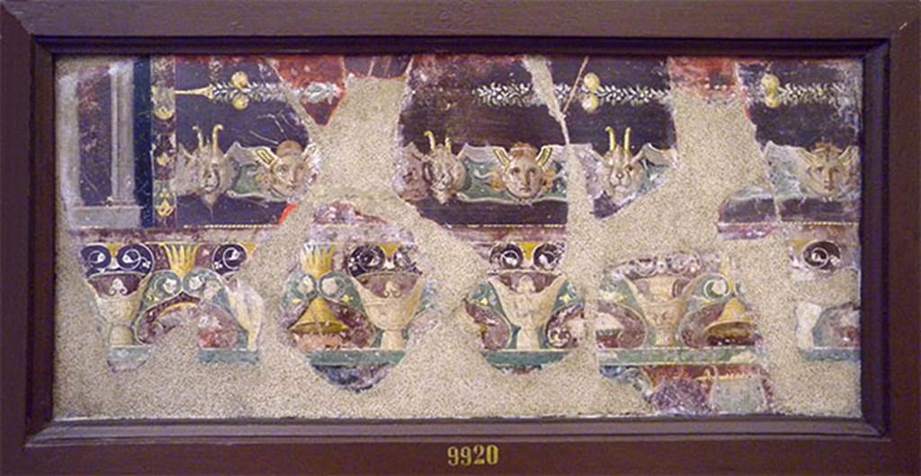 VI.17.9-10 Pompeii. Pastiche of fragments of wall painting found 14th August 1778, “from the underground area”.
Now in Naples Archaeological Museum. Inventory number 9920.
According to Aoyagi, etc:
Stringent similarities also appear with numerous fragments unearthed in the Insula Occidentalis, between 1764 and 1778, assembled in the 18th century in several panels, some of which are published as a vignette in the 4th and the 7th volume of the Antiquities of Herculaneum similar in sophistication and wealth of detail in the decoration in III style of the House of the Golden Bracelet.
(Note 55): Sampaolo, 1998, p.276. no.21 hypothesises that the fragments could have been found in House VI.17.13 since the excavation diaries refer to houses situated inside the Herculaneum Gate (Fiorelli, PAH, 1860, vol. 1, p. 155 and p. 298-99).
However the possibility should not be ruled out, that they could have been found from the House of the Golden Bracelet because the area of VI.17.41, VI.17.42 and VII.16.22, was already the object of Bourbon explorations from 1750.
See Aoyagi M. and Pappalardo U., 2006. Pompei (Regiones VI-VII) Insula Occidentalis. Napoli: Valtrend. (p.223, and note 55).