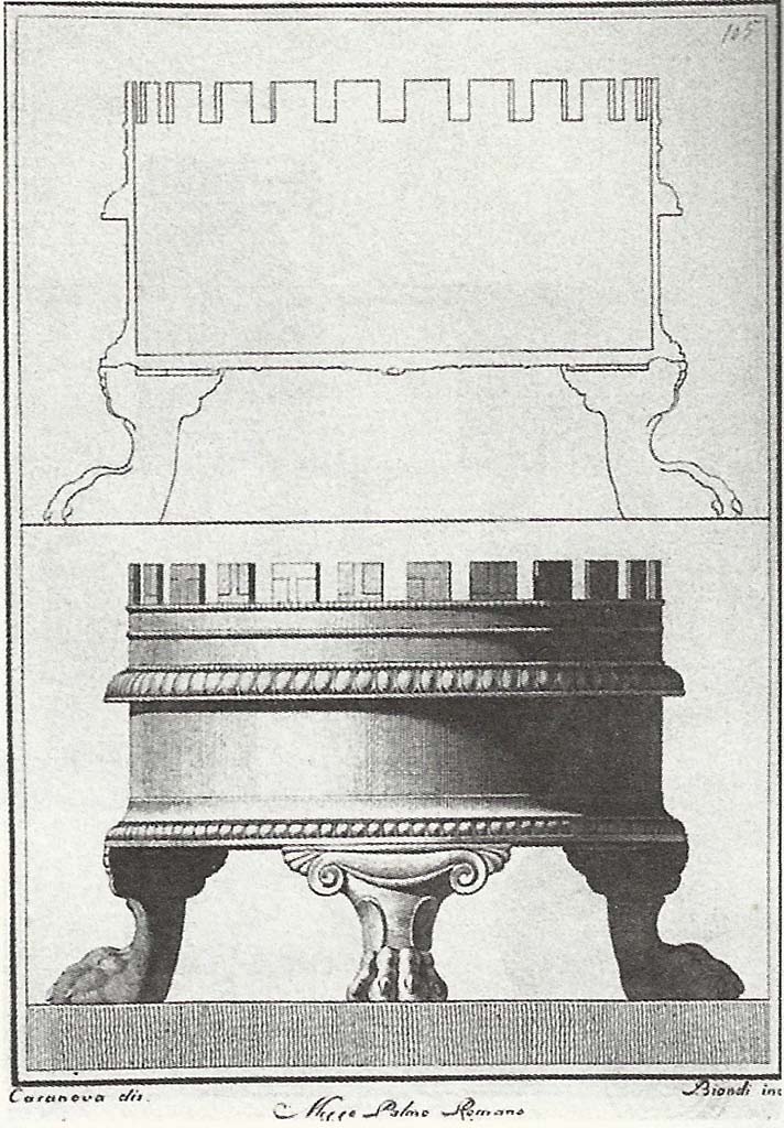 VI.17.25 Pompeii. Found 8th June 1781. Circular altar with scalloped top and three “lion’s” legs.
Now in Naples Archaeological Museum. Inventory number 73997.
Also found was a small base, Naples Archaeological Museum. Inventory number 71063.
See Pagano, M. and Prisciandaro, R., 2006. Studio sulle provenienze degli oggetti rinvenuti negli scavi borbonici del regno di Napoli. Naples: Nicola Longobardi, p.79, Rami Inediti 87, Pompeianarum Antiquitatum Historia, 1,2, pages 4-5, see above.