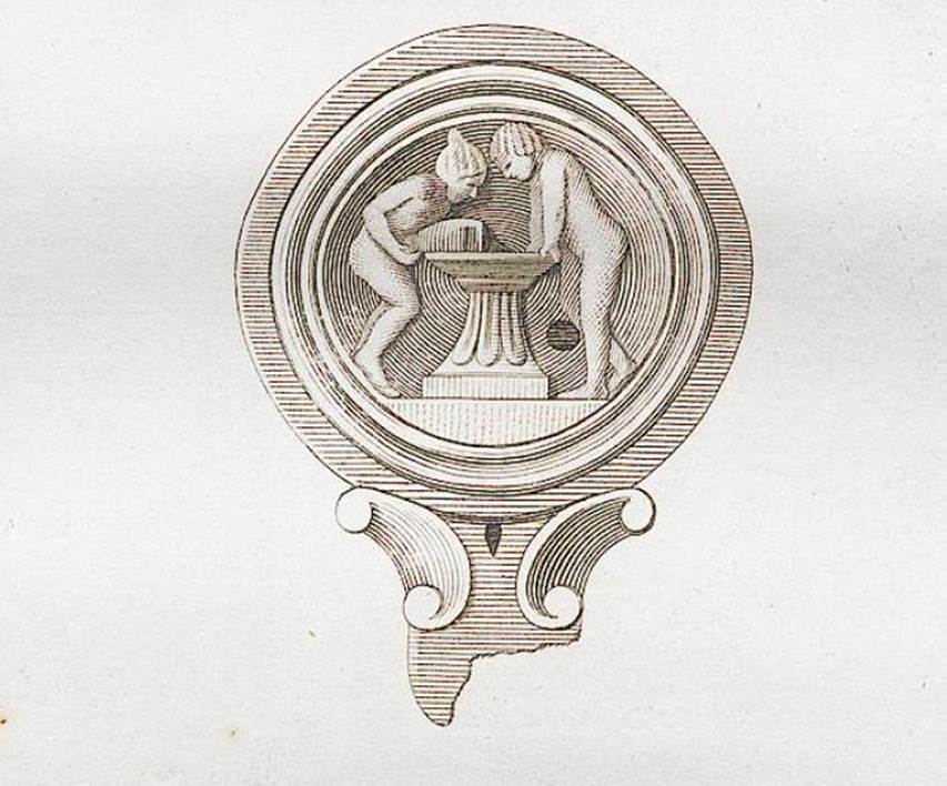 VI.17.25 Pompeii. Found 15th December 1783. Broken terracotta lamp with two figures by a fountain.
See Antichità di Ercolano: Tomo Ottavo: Lucerne, Lanterne, Candelabri, 1792, 47, 225.
15th December 1783
According to Pagano and Prisciandaro – “In the present week in Pompeii, we have continued the excavation around the usual house…..
Found in the portico and garden of the above, the following –
Terracotta: a lamp without handle and broken in the wick-holder, with relief showing two figures – one leaning to a fountain with holy water, and the other with a vase pours water into the same fountain.”
See Pagano, M. and Prisciandaro, R., 2006. Studio sulle provenienze degli oggetti rinvenuti negli scavi borbonici del regno di Napoli. Naples: Nicola Longobardi. (p.81) Pompeianarum Antiquitatum Historia, 1,2,19, see above.