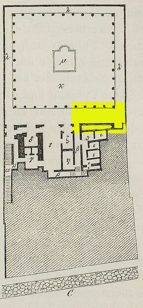 VI.17.25 Pompeii. 1884. Plan showing lowest of the three floor levels.
See Overbeck J., 1884. Pompeji in seinen Gebäuden, Alterthümen und Kunstwerken. Leipzig: Engelmann. (p. 367 Fig. 180, part C).
The area shaded in yellow can be seen in the photo above.