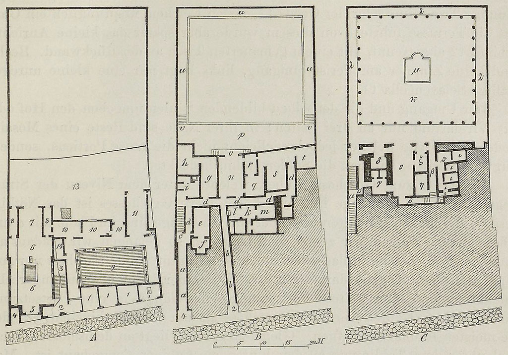 VI.17.25 Pompeii. 1884. Plan showing the three floor levels.
See Overbeck J., 1884. Pompeji in seinen Gebäuden, Alterthümen und Kunstwerken. Leipzig: Engelmann. (p. 367 Fig. 180).
According to CTP, Mazois and Overbeck-Mau wrongly showed a doorway directly onto the street at VI.17.23 on the above plan.
See Van der Poel, H. B., 1981. Corpus Topographicum Pompeianum, Part V. Austin: University of Texas. (p.307, note 1).