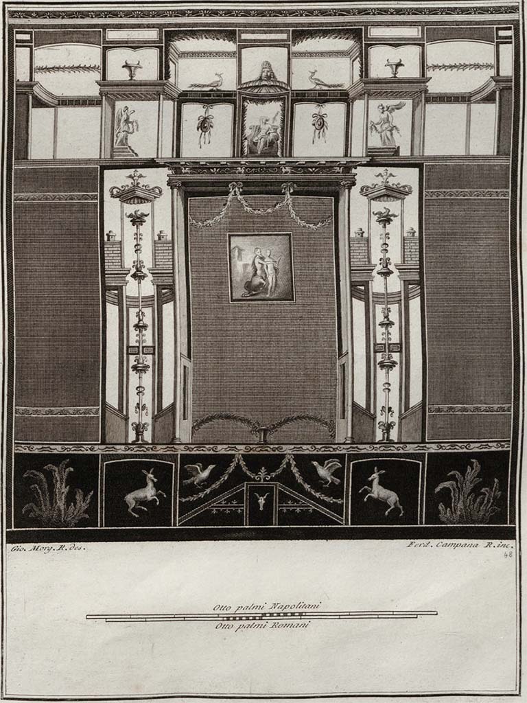 Fresco of a wall showing a painting in the centre of Chiron playing his lyre to Achilles, the wall decorated with arabesques, figures and several animals.
See Gli ornati delle pareti ed i pavimenti delle stanze dell'antica Pompei incisi in rame: 1838, no. 48.
Also in Gli Ornati, 1808, pt.2
Also in Gli Ornati, 1796, pt.1
VI.17.25? Pompeii.
According to Pagano and Prisciandaro, this painting was found 15th September 1764, with 12 other paintings in “Podere di Irace”.
See Pagano, M. and Prisciandaro, R., 2006. Studio sulle provenienze degli oggetti rinvenuti negli scavi borbonici del regno di Napoli. Naples: Nicola Longobardi. (p.48), with reference to PAH, I, 1, 161-2.
According to PAH,
“un quadro che rappresenta un centauro in atto di suonare la lira, ed avanti a questo un fanciullo, il campo era d’aria. Si fatto dipinto era molto simile a quello pubblicato dagli Accademici Ercolanesi nel vol.1 delle pitture, rappresentante Chirone ed Achille, benché molto inferiore a quello nel merito, oltre all’essere molto patita: si riconobbe questa pittura essere stata trasportata da altro luogo, e posta sul muro dove era stata trovata, dall’unione che vi si osserva intorno.”
(Trans: "A painting representing a centaur in the act of playing the lyre, and in front of him a young person, the background was in the open air. This painting was very similar to that published by the Herculaneum Academics in vol.1 of the paintings, representing Chiron and Achilles, although much inferior to that in merit, in addition to it having suffered: it was recognized that this painting had been transported from another place, and placed on the wall where it had been found, from the join that is observed around it."
See Fiorelli G., 1860. Pompeianarum antiquitatum historia, Vol. 1: 1748 - 1818, Naples, Pars Prima, p.161-2.
(Note: this may or may not be from this house, perhaps from VI.17.32-36? or even from the area of the Temple of Isis or a nearby house.
See painting by Raoul Rochette, below.)
Although attributed by various sources to VI.17.25, the House of the Lion, or paintings from “Podere di Irace”, it should be pointed out that digging was taking place in various points in the city at the same time, so we have included them here and VI.17.32-36, and also in VI.17.00 under the Irace paintings, but with no specific provenance/location.)