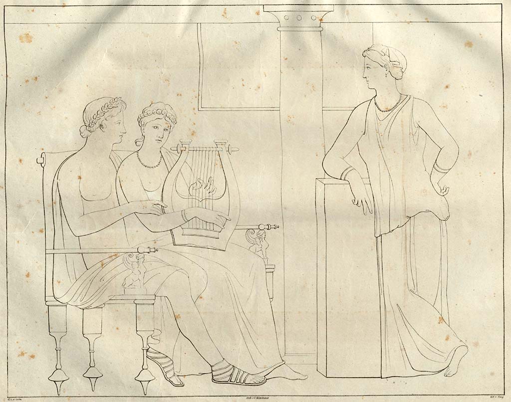VI.17.19-26 Pompeii. Pre-1828. Drawing by Zahn, and described by him as –
Plate 70. Three people; one playing the lyre;……….
This painting was first, when I drew it, in the Portici Museum; but it has belonged to the King of France for the past 3 years.
See Zahn, W., 1828. Die schönsten Ornamente und merkwürdigsten Gemälde aus Pompeji, Herkulanum und Stabiae: I. Berlin: Reimer, Taf. 70.
