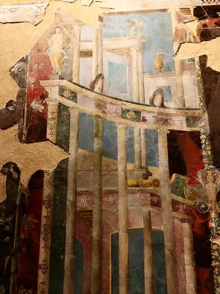 VI.17.42 Pompeii. December 2019.
Detail of part of recomposed fresco of architectural view.
On display in exhibition “Pompei e Santorini” in Rome, 2019. Photo courtesy of Giuseppe Ciaramella.