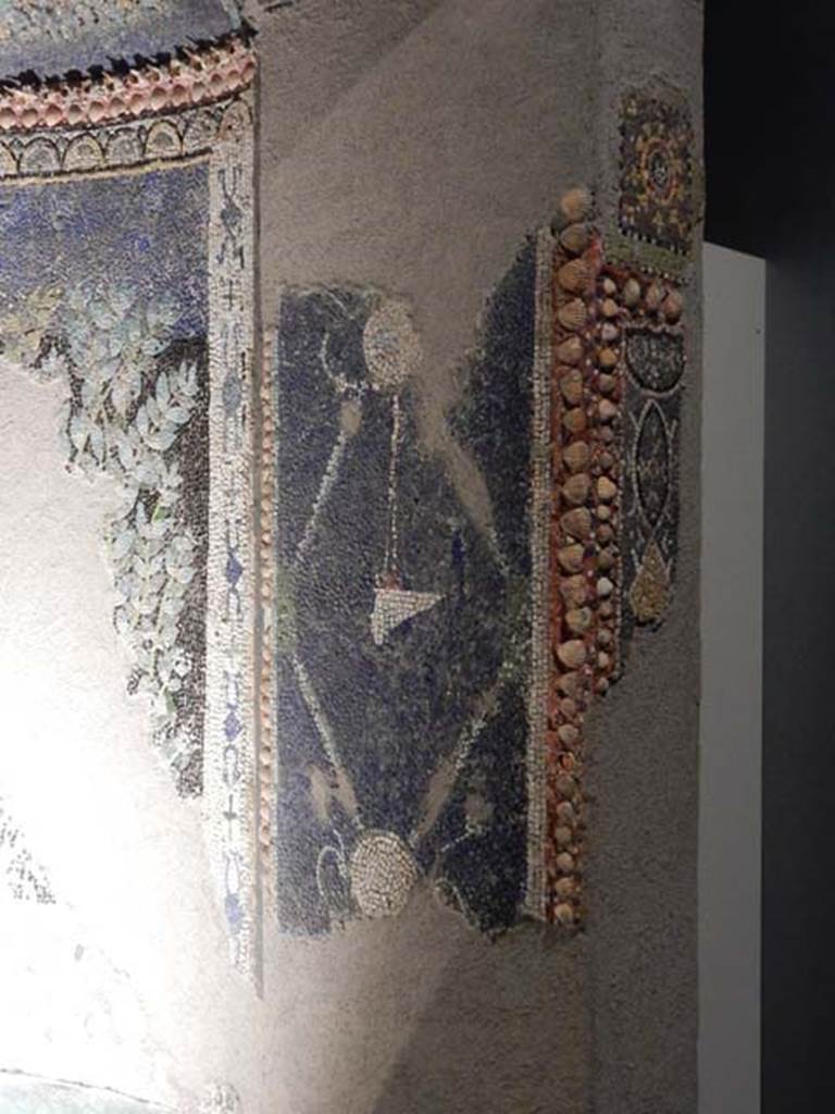 VI.17.42, Pompeii, May 2018.
Detail of right side of reconstruction of nymphaeum. Photo courtesy of Buzz Ferebee.