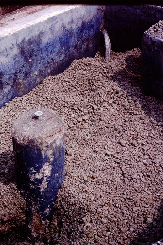 VI.17.42, Pompeii, 1983. Pool in garden, during excavations. Photo by Sally Gladden.
Source: The Wilhelmina and Stanley A. Jashemski archive in the University of Maryland Library, Special Collections (See collection page) and made available under the Creative Commons Attribution-Non Commercial License v.4. See Licence and use details. J80f0591
“According to Wilhelmina, “At the east end of the garden was an apsed pool painted blue inside, with a fountain rising in the middle and twenty-eight jets along the edges”.
See Jashemski, W.F., 2014. Discovering the Gardens of Pompeii: Memoirs of a Garden Archaeologist, (p.288)