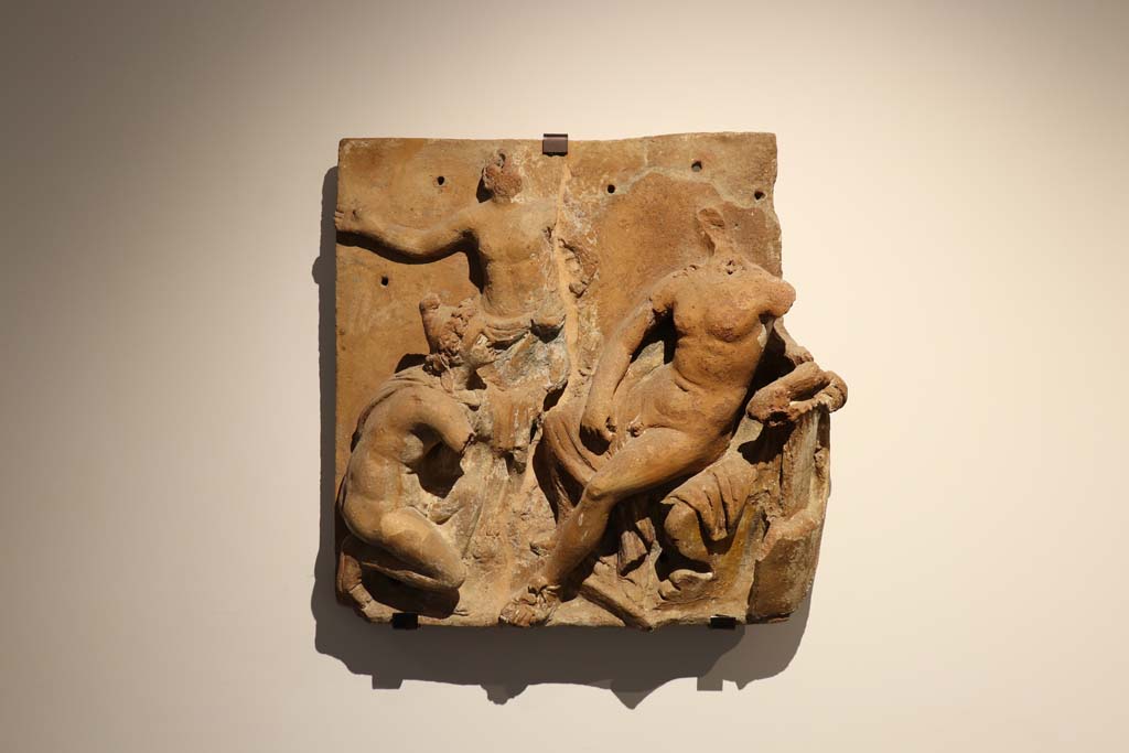 VI.17.42, Pompeii. February 2021. Terracotta plaque found in VI.17.42, of a floral frieze with gods and cupids.
On display in Antiquarium, from Insula Occidentalis. Photo courtesy of Fabien Bièvre-Perrin (CC BY-NC-SA).