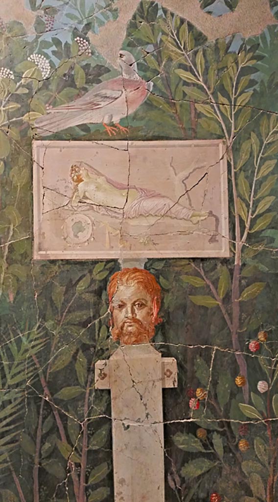 VI.17.42 Pompeii. December 2019.
Oecus 32, detail from part of garden fresco from north wall at east end.
On display in exhibition “Pompei e Santorini” in Rome, 2019. Photo courtesy of Giuseppe Ciaramella.