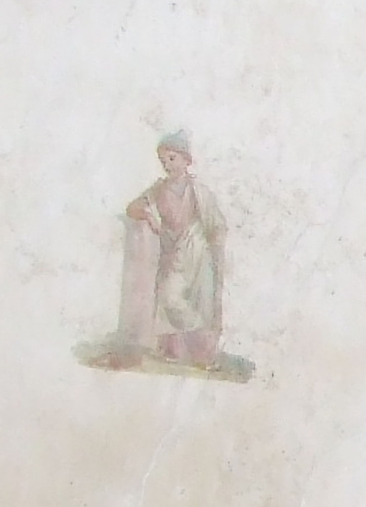 VI.17.42 Pompeii. March 2009. Second triclinium 19. West end of north wall.
Euterpe, the muse of lyric poetry, with writing materials.
in her hand is a stylus and at her feet a tablet.
See Aoyagi M. and Pappalardo U., 2006. Pompei (Regiones VI-VII) Insula Occidentalis. Napoli: Valtrend, p. 109.